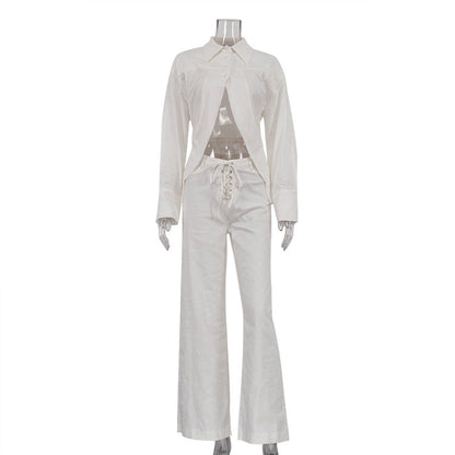 Women Collared Long Sleeves Cropped Design White Shirt Hollow Out Cutout out Tied Wide Leg Pants Two Piece Set