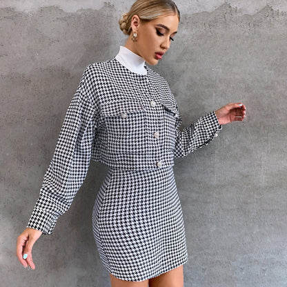 Casual Short Set Long-Sleeved Single-Breasted Top High Waist Hip-Wrapped Skirt Sports Two-Piece Set
