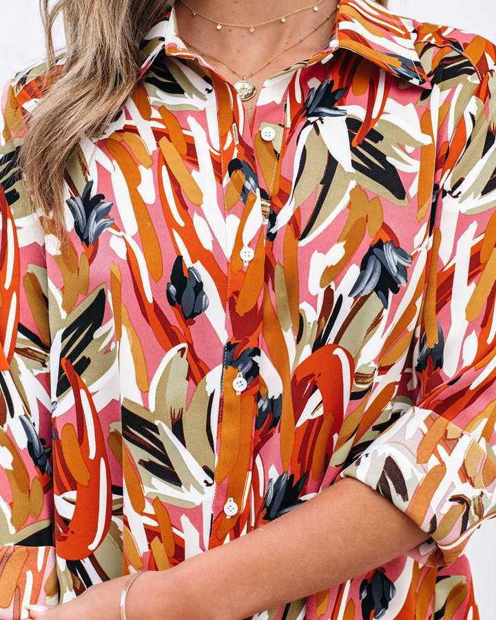 Autumn Long Sleeve Collared Print Loose Shirt Dress