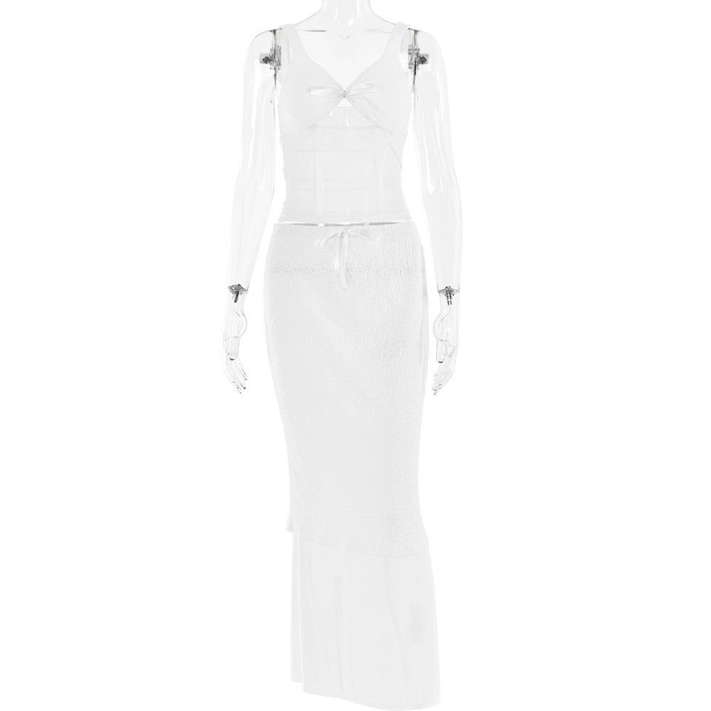 Lace Hook Floral Two Piece Sling Women Sexy Slim Fit Maxi Skirt Set Autumn