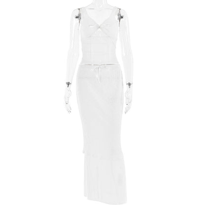 Lace Hook Floral Two Piece Sling Women Sexy Slim Fit Maxi Skirt Set Autumn