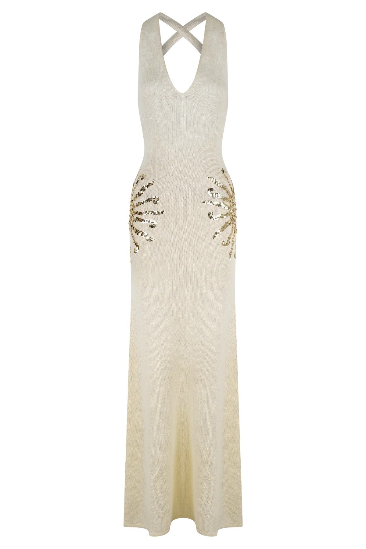 Sparkling Nights Knit Sunburst Sequin Detail Back Cross Straps Stretch Maxi Dress