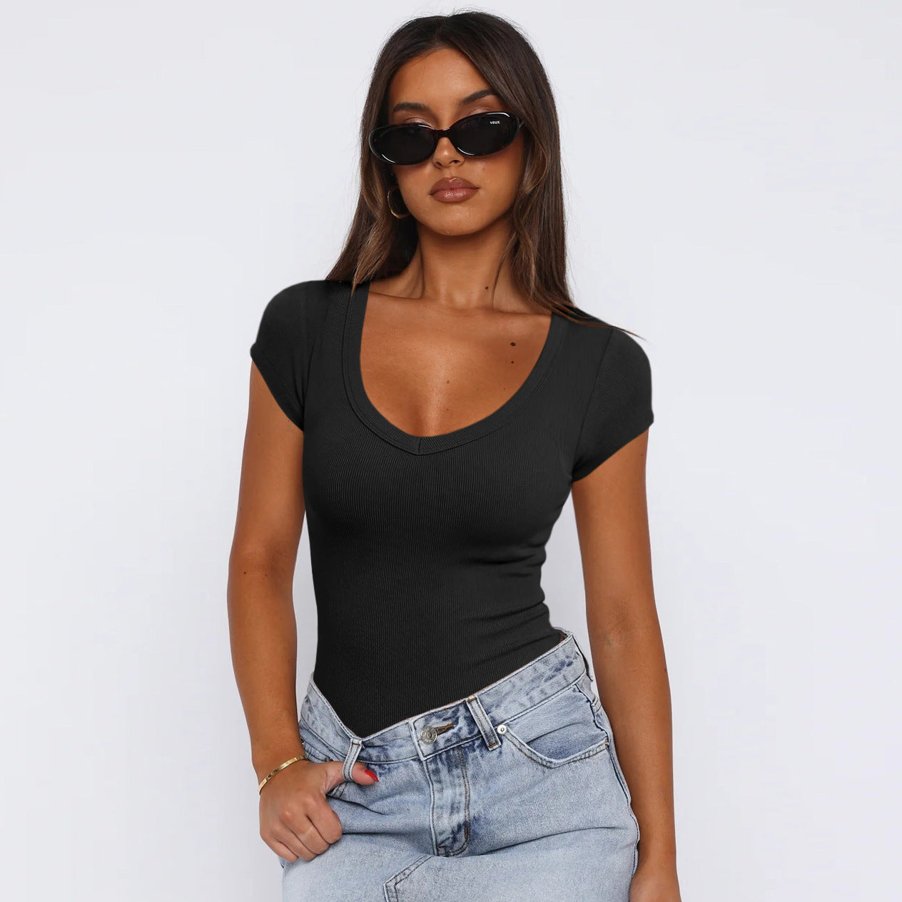 Thread Egg Shaped Collar Clothes Summer Slim Fit Short Sleeved T shirt Shoulder Top for Women