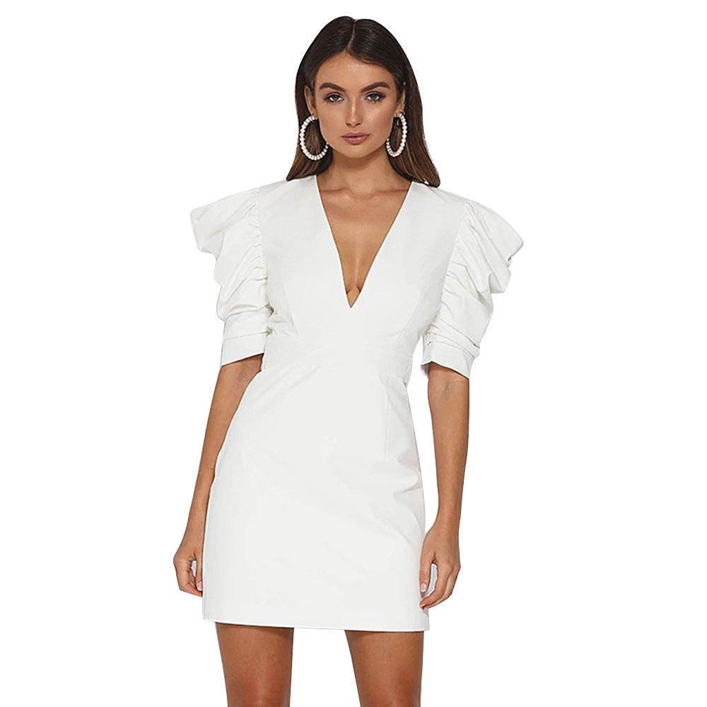 Spring Arrival White Short Sleeve Deep V Plunge Retro High Waist Backless Oversleeves Dress