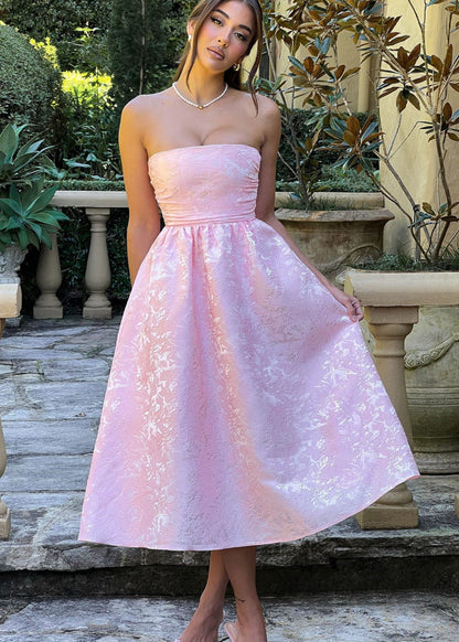 Blush Rosette – Strapless Jacquard Midi Dress with Corset Back