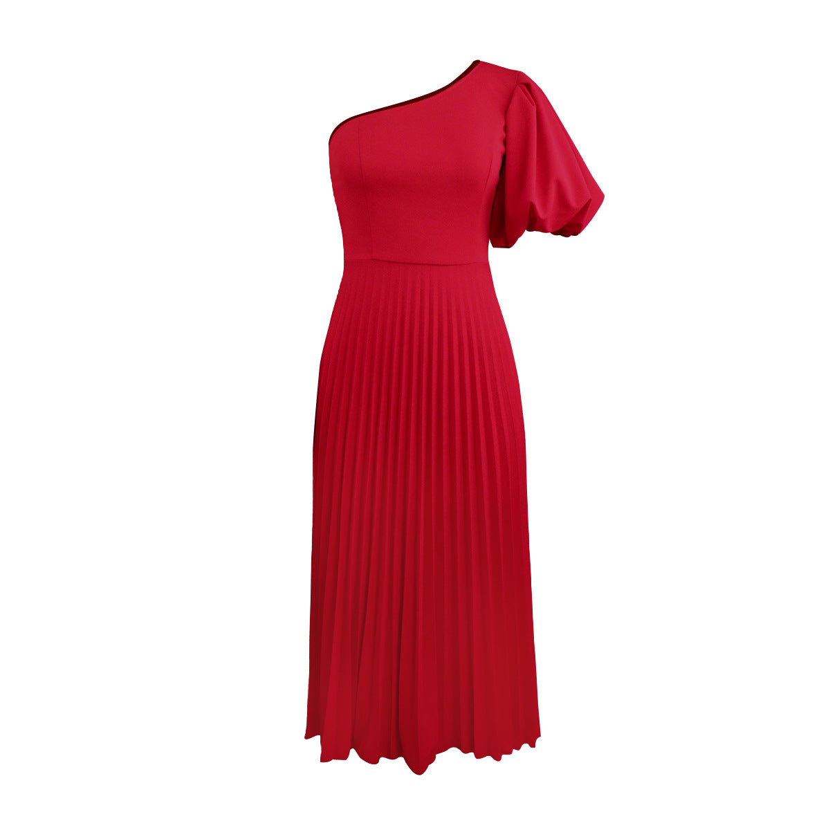 Aomei Spring Casual One Shoulder Diagonal Collar Pleated Dress Spring Outing Beach Vacation Puff Sleeve Dress Dresses