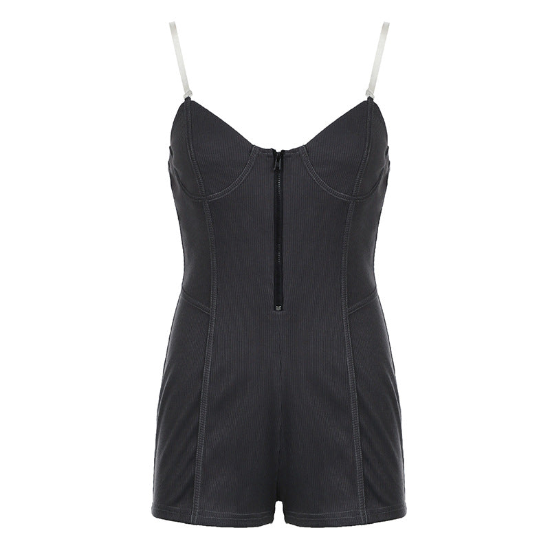 Women Tube Top See through Bra Straps Distressed Rib Sexy Jumpsuit Personality Suspender Shorts
