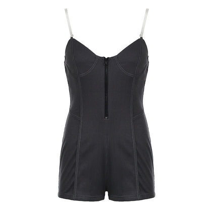 Women Tube Top See through Bra Straps Distressed Rib Sexy Jumpsuit Personality Suspender Shorts
