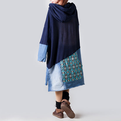 Patchwork Hooded Sweater Mid Length Women Retro Slimming Printed Casual Pullover