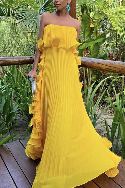 Reina Chiffon Pleated Wavy Ruffles Trim Strapless Loose Maxi Dress