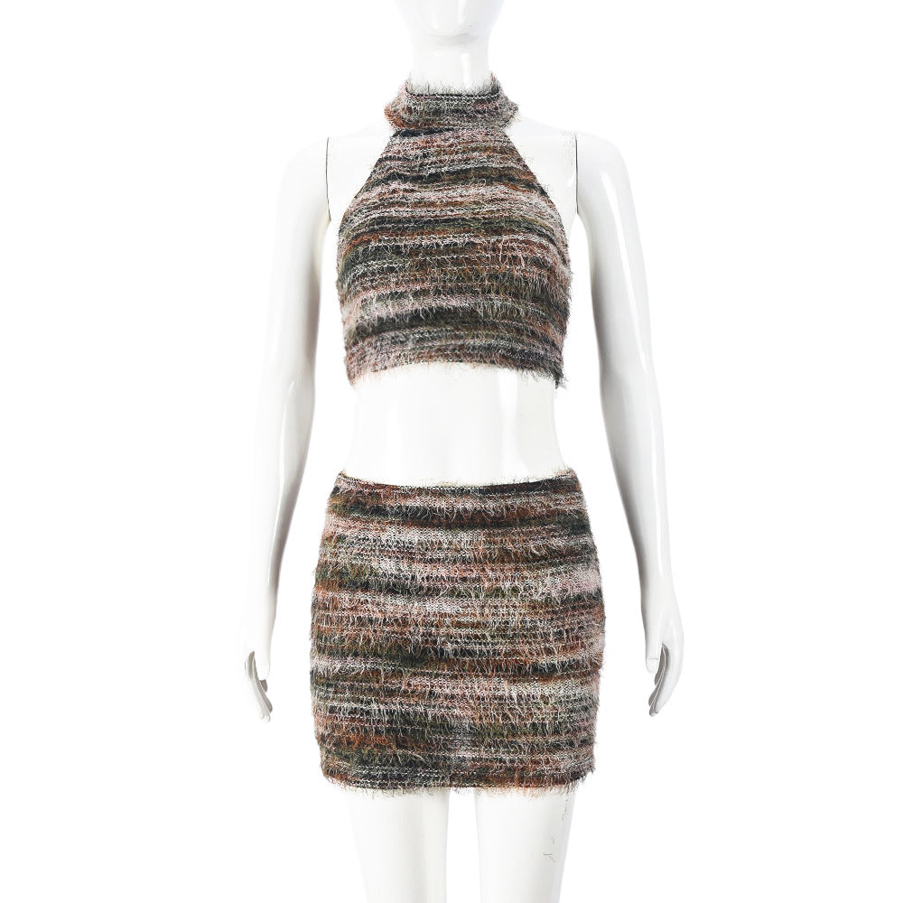 Buckle Neck Cropped Sexy Vest Short Skirt Casual Set Women