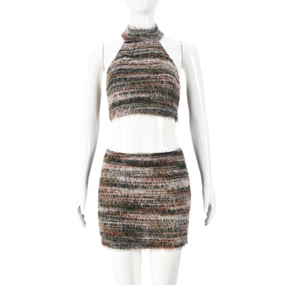 Buckle Neck Cropped Sexy Vest Short Skirt Casual Set Women