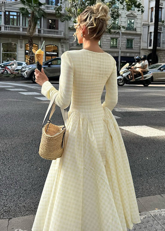 Pink Gingham Long Sleeve Midi Dress – Vintage Square Neck Fit and Flare