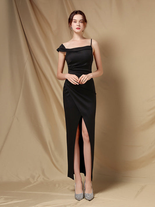 Line shoulder slim banquet evening dress