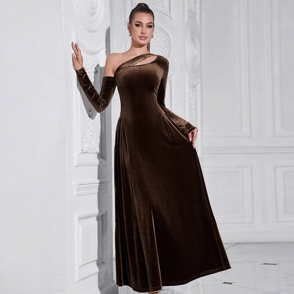 One Shoulder Long Sleeve High Slit Sexy Slim Waist Mid Length Evening Dress