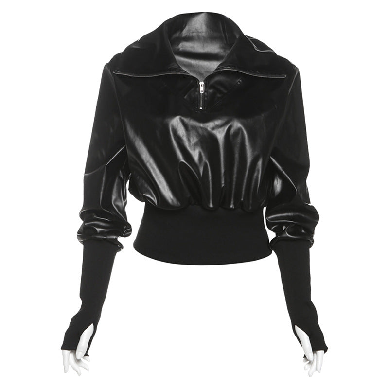 Winter Sexy Slim Short Patchwork Sweatshirt Solid Color Faux Leather Zipper Top