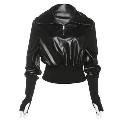 Winter Sexy Slim Short Patchwork Sweatshirt Solid Color Faux Leather Zipper Top