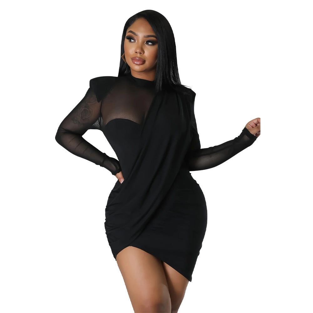 Women Mesh Stitching See-through Patch Waist Dress