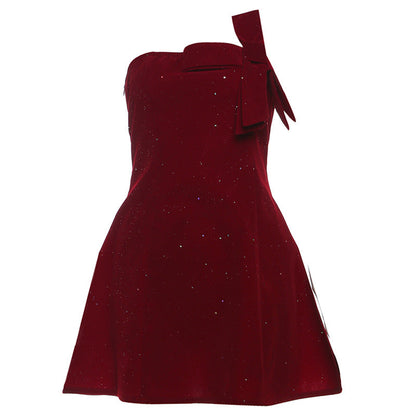 Winter Sexy Slim Fit Backless Tube Top Bowknot Short Dress Solid Color Zipper Sequ Dress