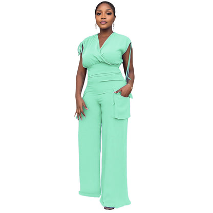 Drawstring Sleeveless Vest High Waist Women Baggy Straight Trousers Two Piece Suit