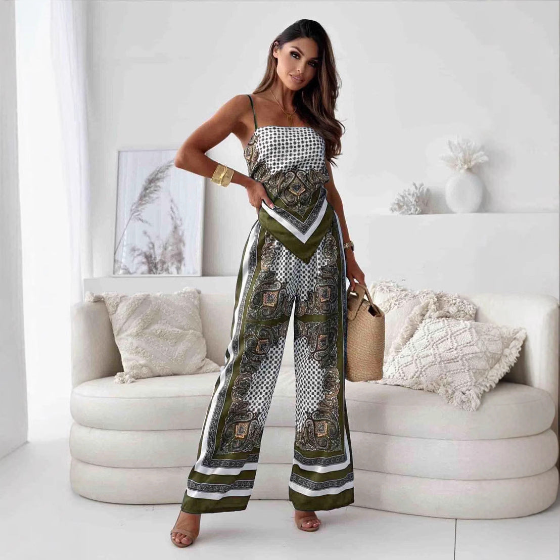 Women Clothing Printed Sexy Spaghetti Straps Corset Positioning Floral Trousers Two Piece Sets