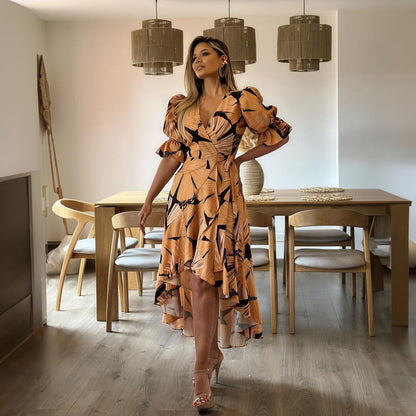 V neck Casual Elegant Printed Puff Sleeve One Piece Lace up Dress