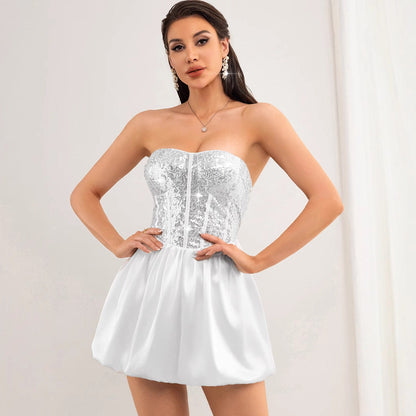 Women Clothing Sexy Backless Sequined White Dress Short Dress Summer