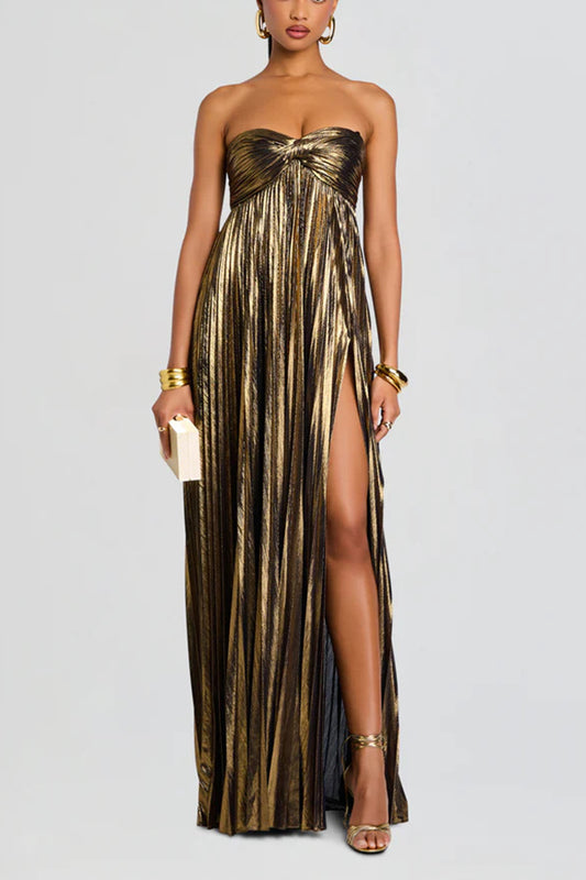 Metallic Sexy Tube Top Pleated High Slit Maxi Dress