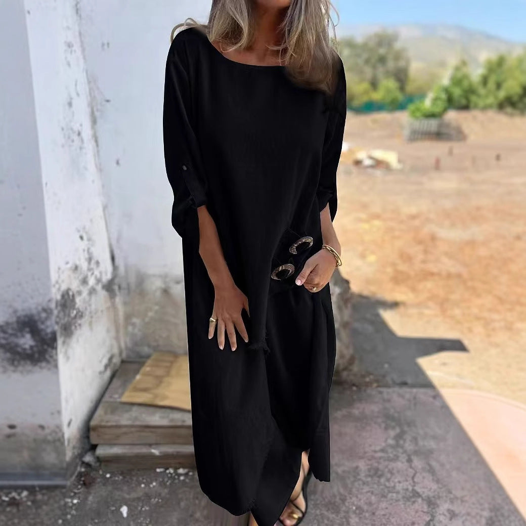 Spring Summer Metal Buckle Loose Irregular Asymmetric Robe Women Clothing