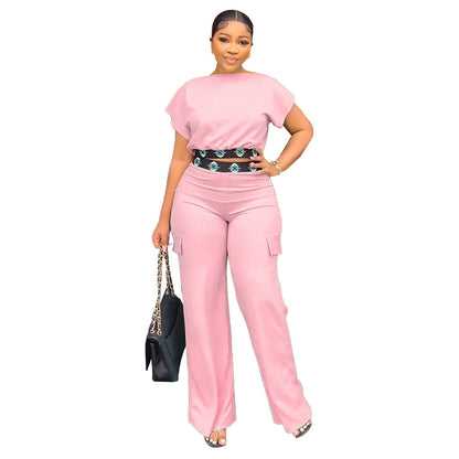Casual Short Sleeve Coat Women Summer Solid Color All Matching Loose Straight Trousers Two Piece Set