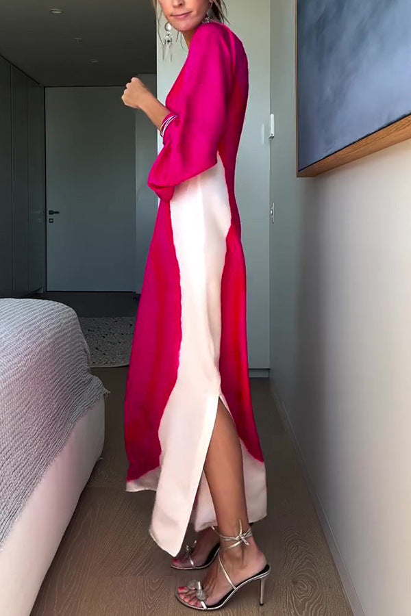 Ladies' fashionable and elegant contrasting printed single sleeve slit long skirt