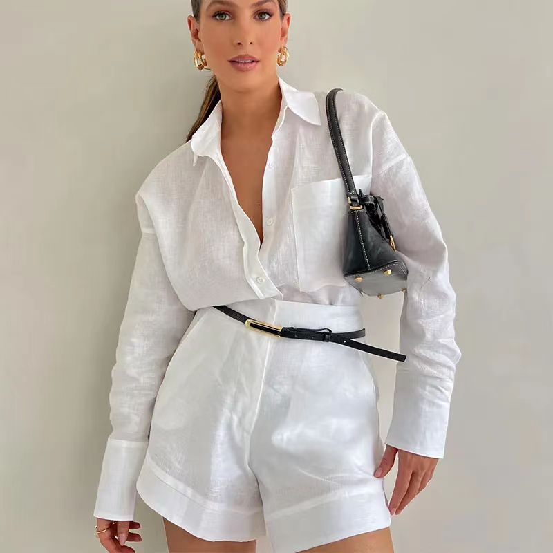 Women Clothing Casual Short Trousers Long Sleeve Shirt Set