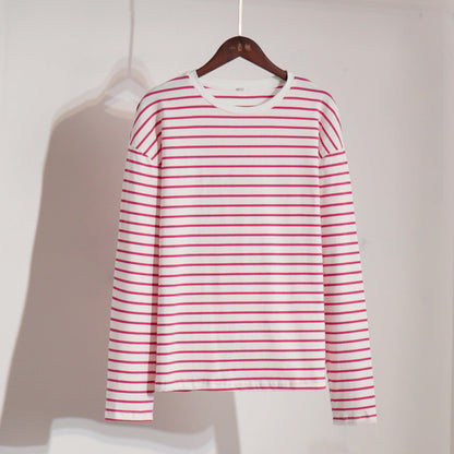Long Sleeved Striped T shirt Spring Trendy Wild Casual round Neck Cotton Striped T shirt