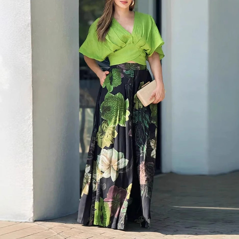 Women Casual V neck Loose Printed Two Piece Sets