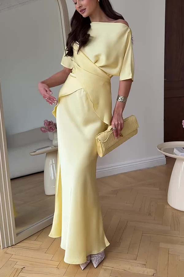 Secret of Elegance Satin Slit Back Lace-up Top and Elastic Waist Flare Maxi Skirt Set