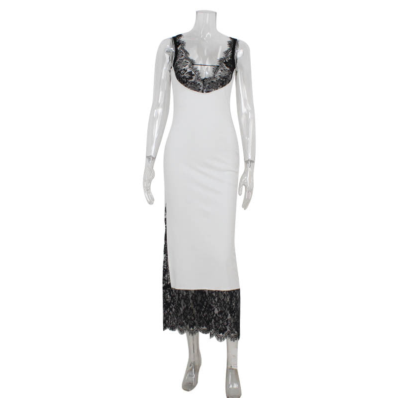 Sexy Sleeveless Deep V Plunge Lace Stitching Fashionable Elegant Lady Dress Slim Sheath Dress Long