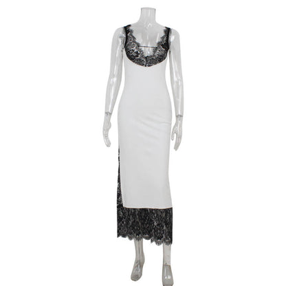 Sexy Sleeveless Deep V Plunge Lace Stitching Fashionable Elegant Lady Dress Slim Sheath Dress Long