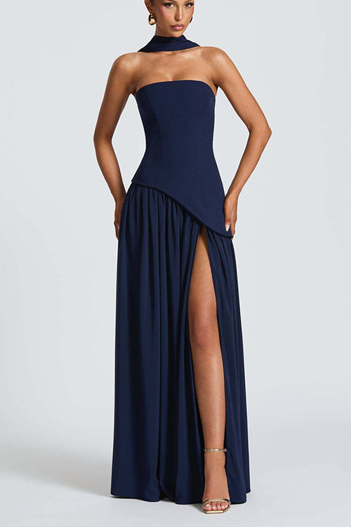  Strapless Back Lace-up High Slit Splice Maxi Dress