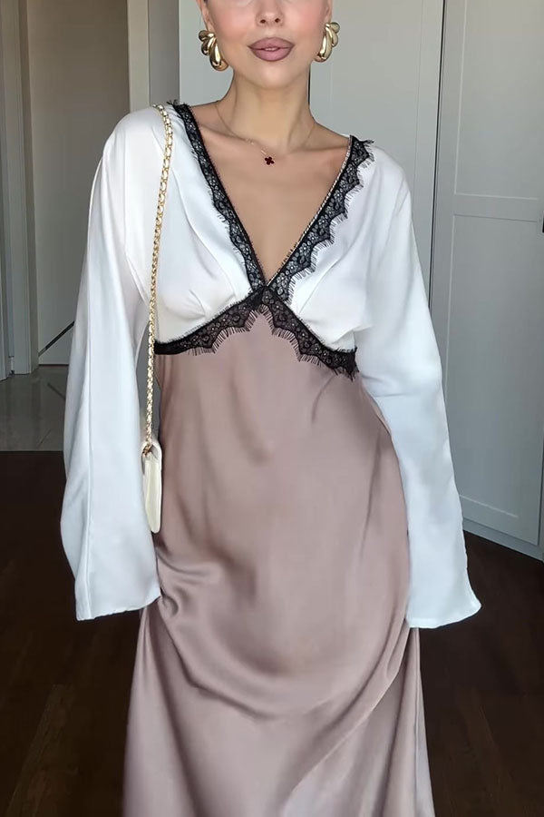 Lainei Contrast Color Satin Lace Trim V-neck Long Sleeve Maxi Dress