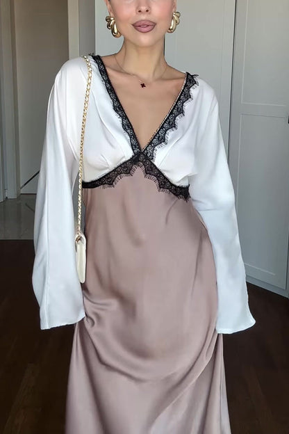 Lainei Contrast Color Satin Lace Trim V-neck Long Sleeve Maxi Dress
