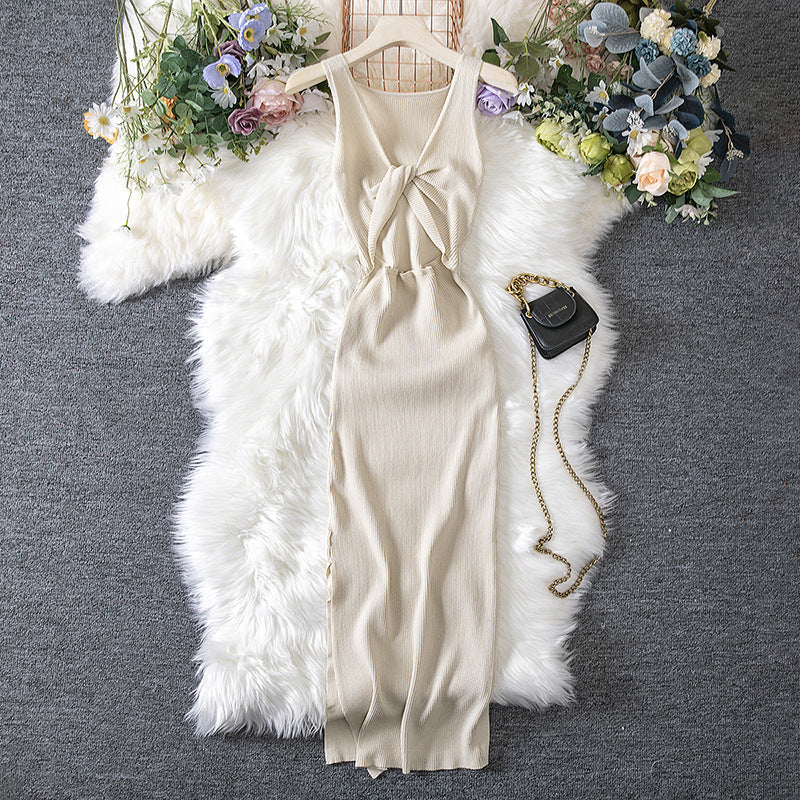 Women Clothing Summer Sexy Kinked Chest Flattering Machine Hollowed Reversible Knitted Dress