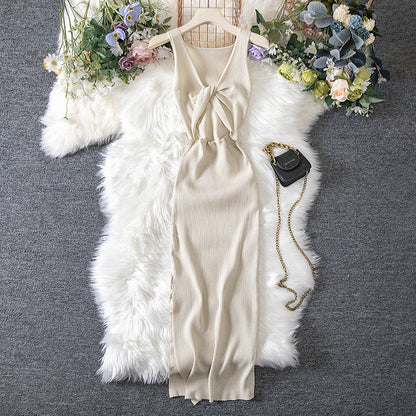 Women Clothing Summer Sexy Kinked Chest Flattering Machine Hollowed Reversible Knitted Dress