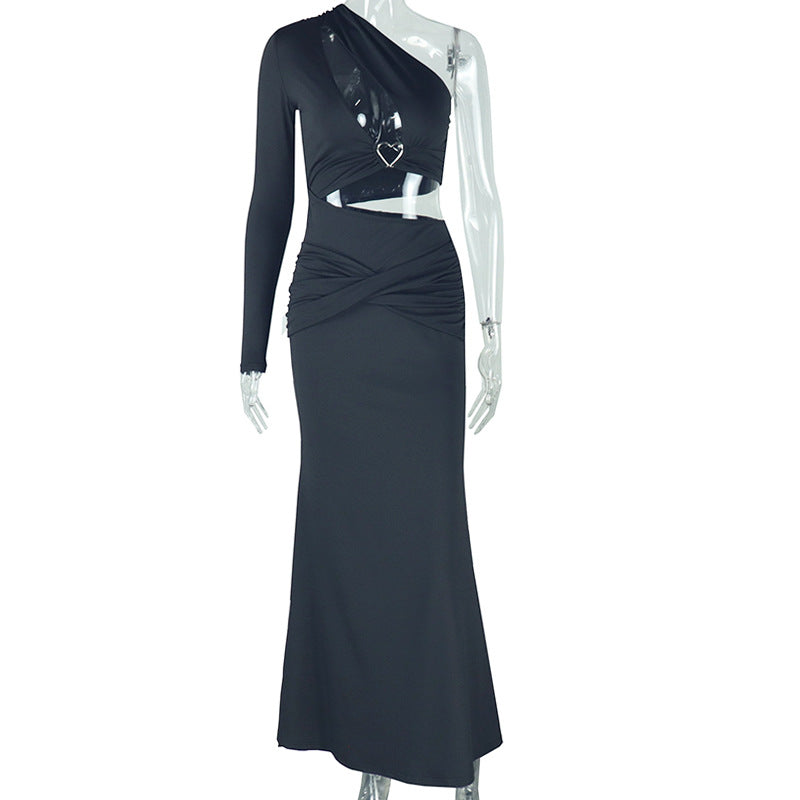 Women Solid Color Hollow Out Cutout out Bare Cropped Slim Fit Hip Dress Asymmetric One Shoulder Split Sleeve Diagonal Collar Dress