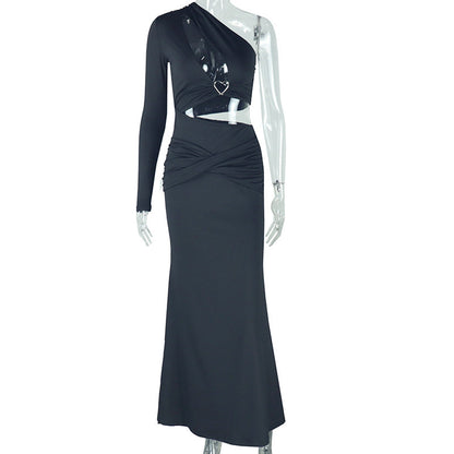 Women Solid Color Hollow Out Cutout out Bare Cropped Slim Fit Hip Dress Asymmetric One Shoulder Split Sleeve Diagonal Collar Dress