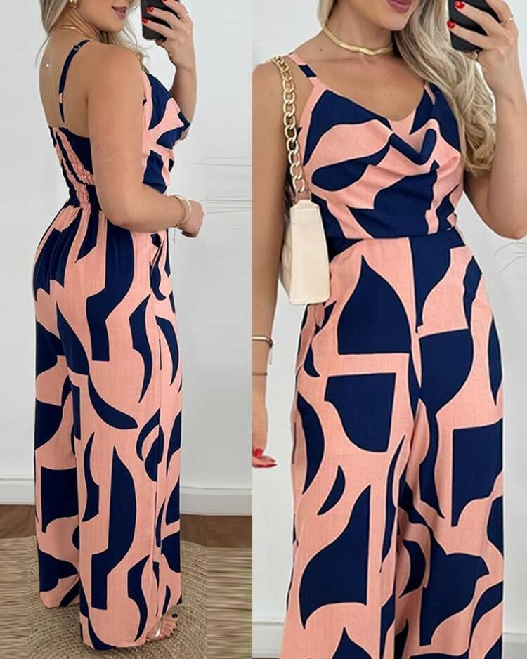 Women Clothing Summer Printed Suspender Trousers Jumpsuit