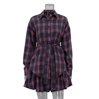 Casual Check Skirt Set Women Collared Loose Shirt Lace up Pleated Skirt Two Piece Set