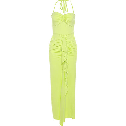 Women Clothing Autumn Winter Halter Off Neck Pleating Slit Slim Fitting Dress Women