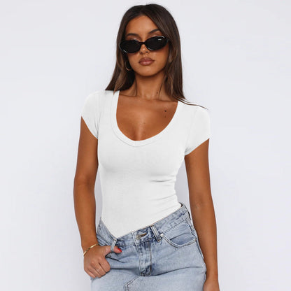 Thread Egg Shaped Collar Clothes Summer Slim Fit Short Sleeved T shirt Shoulder Top for Women