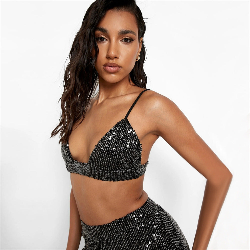 Sequined Long Sleeve Tops Shirt Women V neck Vest Straight Leg Pants Three Piece Set Sexy Spring Summer Party Set