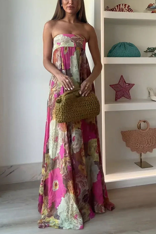 Shelia Ethnic Floral Print Off Shoulder A-line Maxi Dress